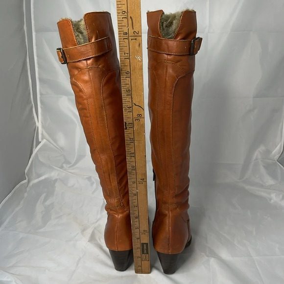 Aback A&B Cognac Leather Knee High Boots Buckle  Heels Faux Fur Inner Band 38 EU - Picture 15 of 16